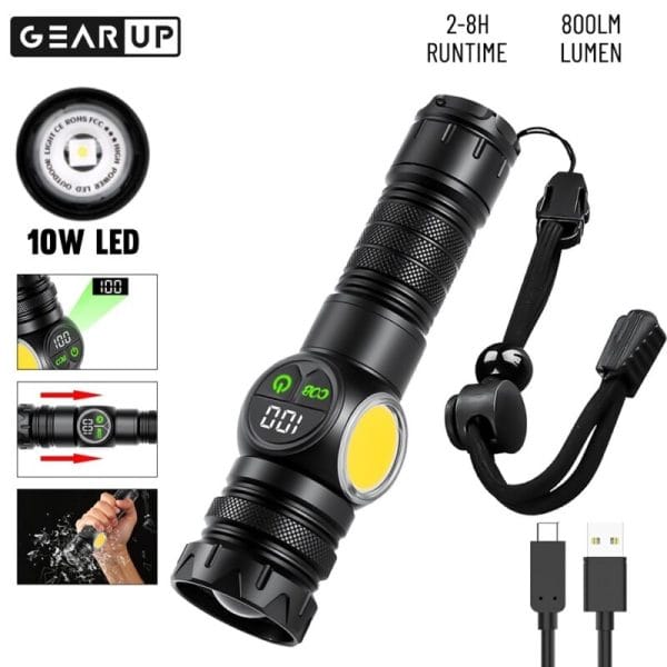 GearUP K60 Rechargeable Flashlight 10W COB + LED Torchlight