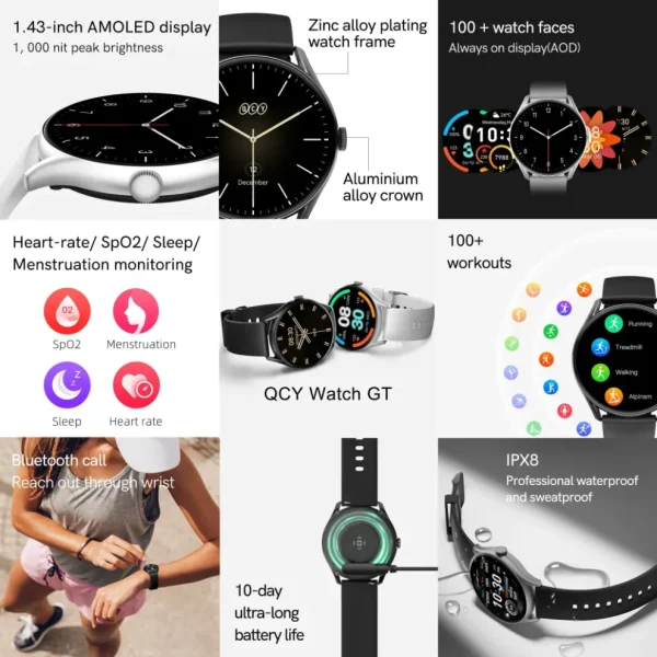 QCY Watch GT Smart Watch Retina AMOLED Display- Black Color - Image 2