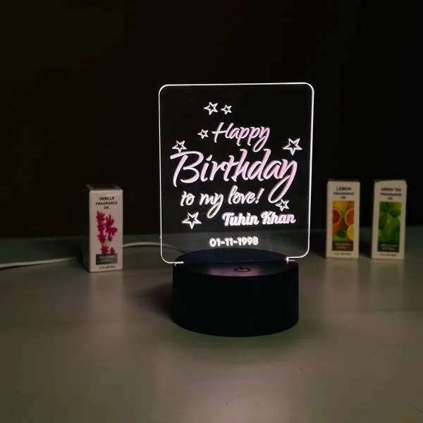 Customizable Happy Birthday Design Acrylic Multicolor Night Lamp – Black