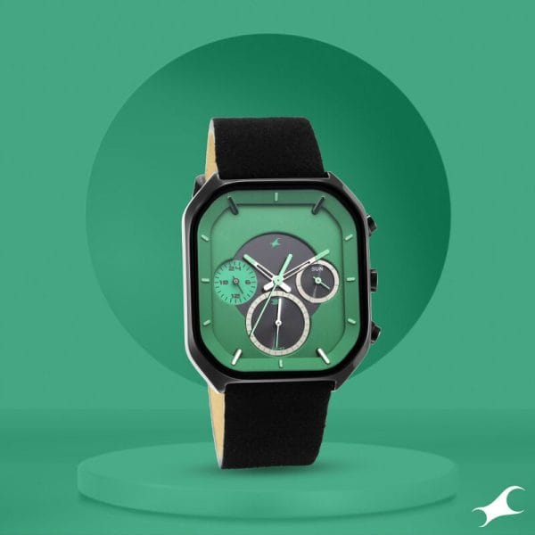 Fastrack NS3270NL01 After Dark Quartz Analog with Day and Date Green Dial Leather Strap Watch