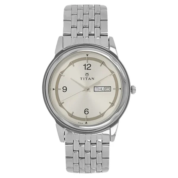 Titan Quartz Analog with Day and Date Silver Dial Stainless Steel Strap Watch for Men – NK1638SM01