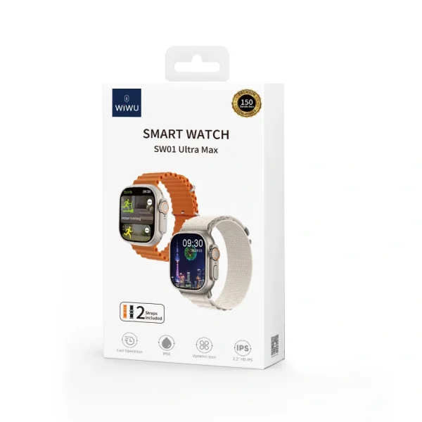 WiWU SW01 Ultra Max Wireless bluetooth Calling Smart Watch with Big Size screen + 2 Strap – Orange Color - Image 2